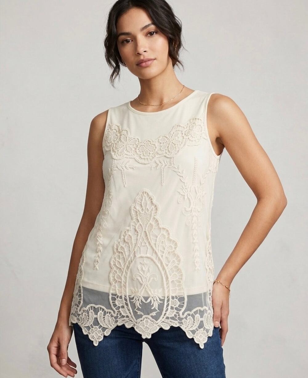 BAR III Sleeveless Cream Crochet Layered Tank Sleeveless Blouse Top Medium
